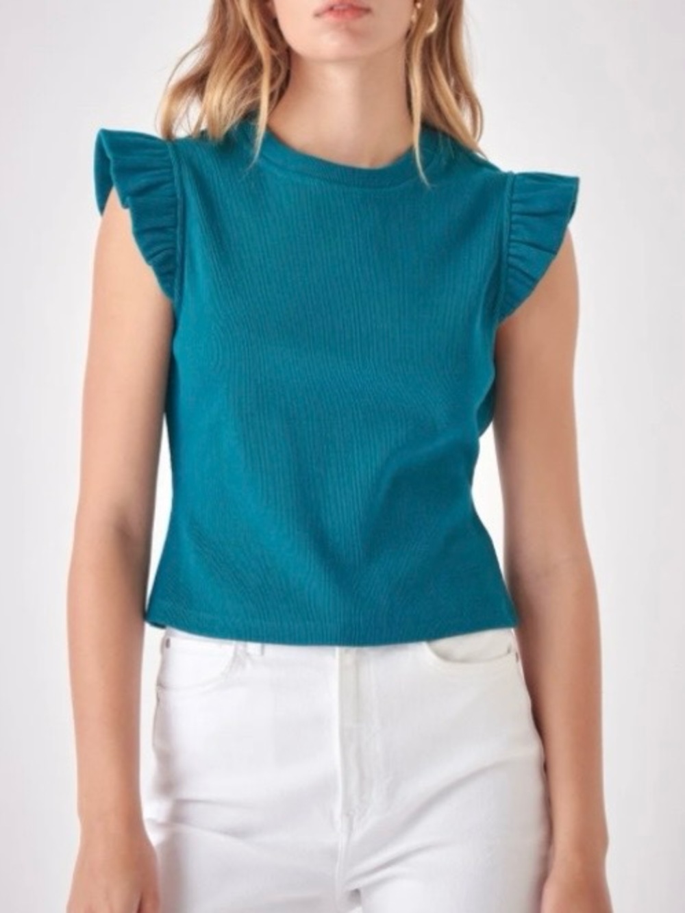 Free the Roses Teal Ribbed Ruffle Sleeve Tank